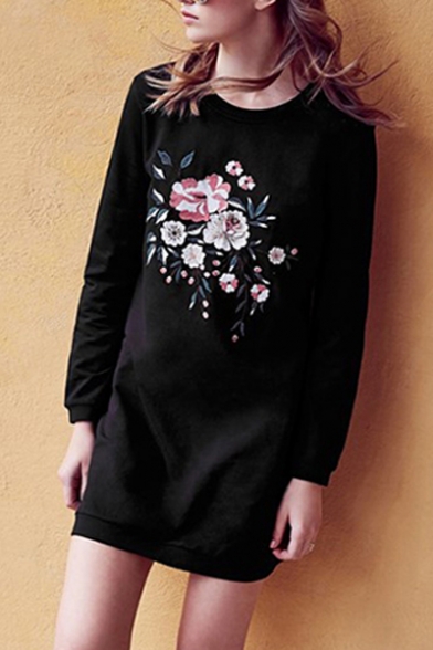 Casual Embroidery Floral Pattern Long Sleeve Round Neck T-Shirt Dress