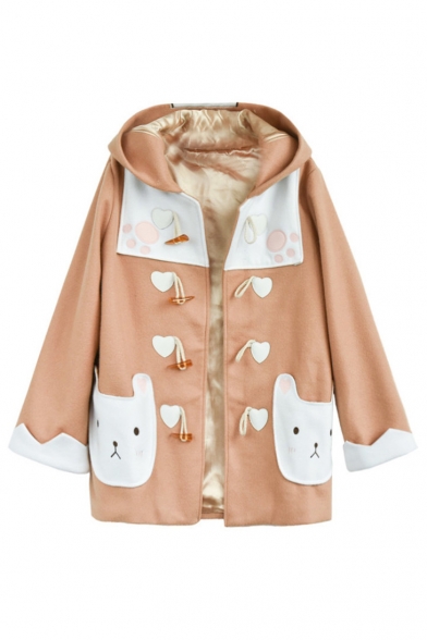Cute Bear Hooded Horn Button Single Breasted Appliqued Long Sleeve Wool Coat with Rabbit Pockets