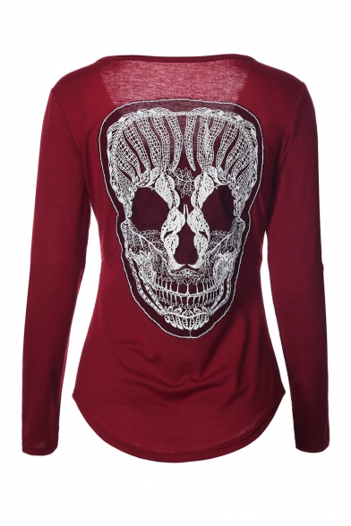 Funny Skull Printed in Back Long Sleeve Round Neck Asymmetric Hem T-Shirt