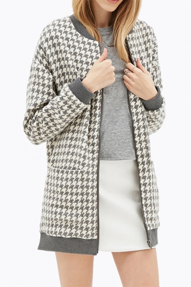 Houndstooth Pattern Contrast Trim Stand-Up Collar Zipper Placket Tunic Coat