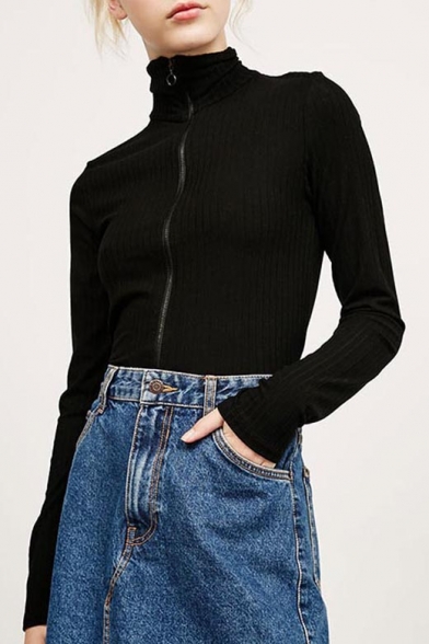 Leisure High Neck Zipper Placket Long Sleeve Plain Knitted Zip Up Sweatshirt