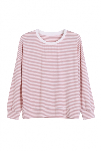 New Fashion Round Neck Long Sleeve Striped Print Casual Loose Tee