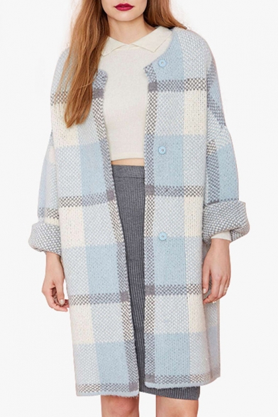 Plaid Color Block Single Breasted Long Sleeve Collarless Tunic Coat