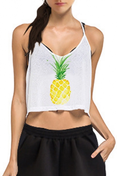 Sexy Pineapple Printed High Low Hem Sleeveless V-Neck Racer Back Cropped Cami Tank Top