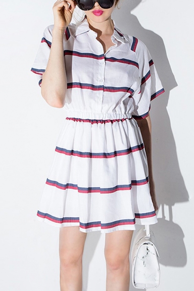 Striped Single Breasted Lapel Raglan Short Sleeve Elastic Waist Shirt Dress
