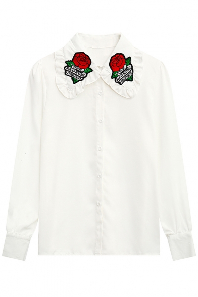 Women's Chic Floral Embroidered Lapel Collar Long Sleeve Casual Buttons Down Shirt
