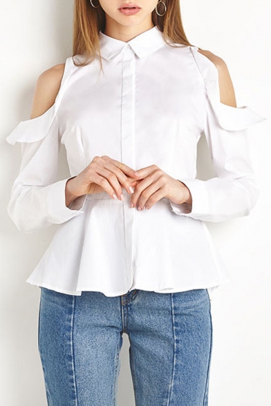 Women's Fashion Cold Shoulder Ruffle Sleeve Lapel Collar Buttons Down Gathered Waist Shirt
