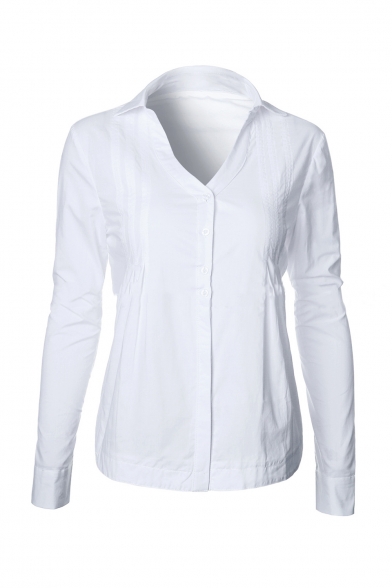 Casual V-Neck Single Breasted Long Sleeve Ruched Sides Plain Button Down Shirt