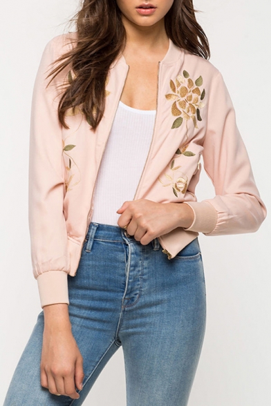 Embroidery Floral Pattern Zipper Placket Long Sleeve Stand-Up Collar Bomber Jacket