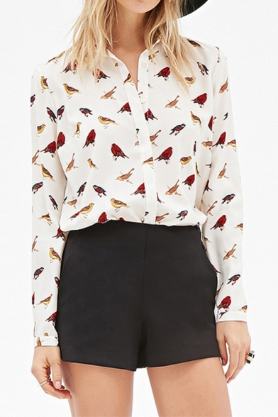 Fashion Bird Printed Lapel Single Breasted Long Sleeve Color Block Button Down Shirt