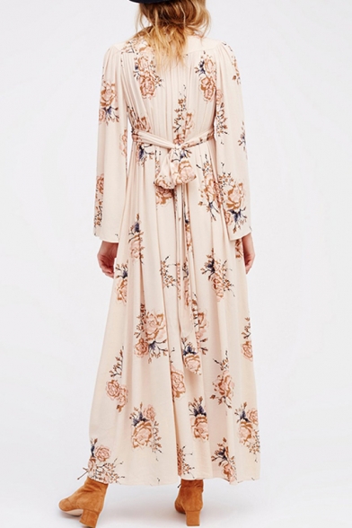 Fashionable V-Neck Long Sleeve Floral Printed Belt Waist Maxi A-Line Dress