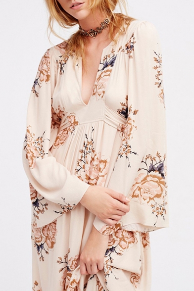 Fashionable V-Neck Long Sleeve Floral Printed Belt Waist Maxi A-Line Dress