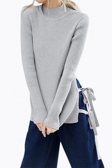 New Stylish Tied Split Side Mock Neck Long Sleeve Plain Tunic Sweater