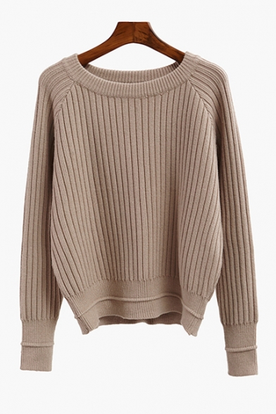 Raglan Long Sleeve Round Neck Vertical Striped Plain Pullover Sweater