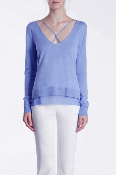 Sexy Crisscross V-Neck Long Sleeve Split Sides Plain Pullover Sweater