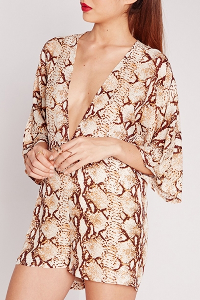 Sexy Plunge V-Neck 3/4 Length Sleeve Snake Printed Rompers