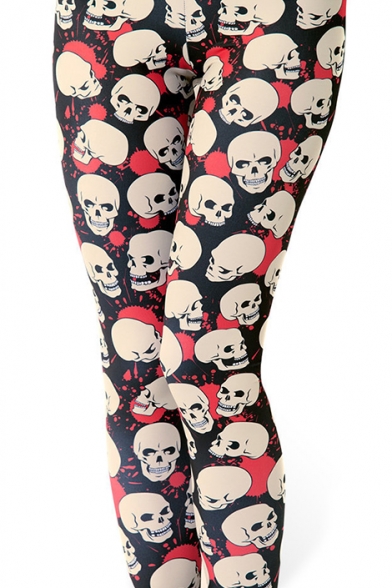 Women's Fashion Digital Skull Print Elastic Waist Basic Skinny Leggings