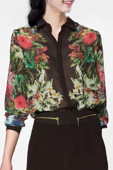 Fresh Lapel Single Breasted Floral Printed 3/4 Length Sleeve Button Down Shirt