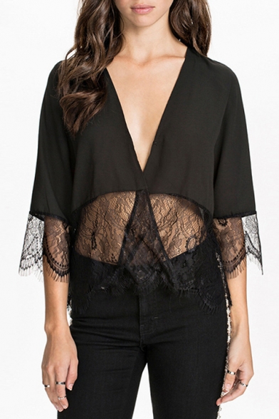 Sexy Plunge V-Neck Half Sleeve Lace Patchwork Blouse Top