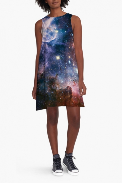 Women's Casual Loose Round Neck Sleeveless Galaxy Print Swing Tank Dress