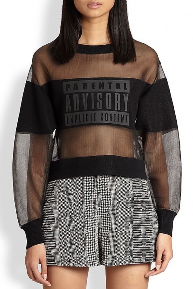 Women's Fashion Patched Round Neck Long Sleeve Sheer Organza Casual Sweatshirt