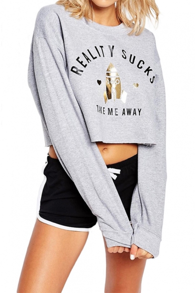Women's Fashion Round Neck Long Sleeve Letter Print Crop Tee