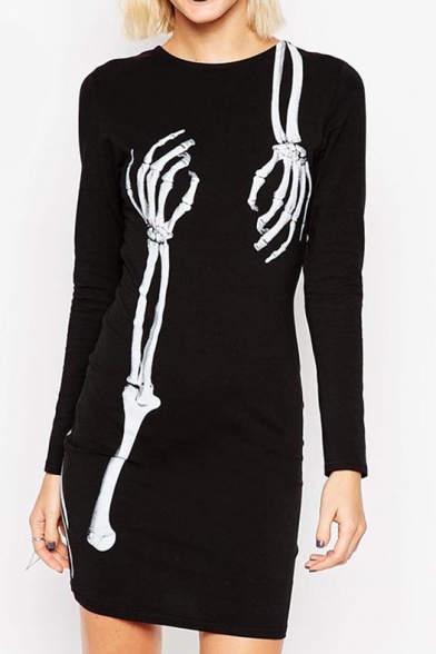 Women's Funny Skeleton Hand Printed Long Sleeve Mini Bodycon Dress