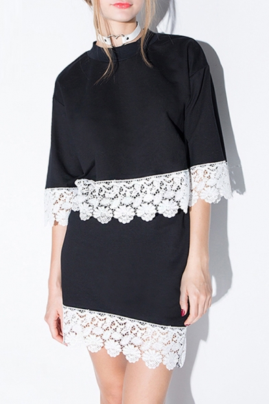 Chic 3/4 Length Sleeve Lace Patchwork Round Neck Tee with One Bodycon Skirt