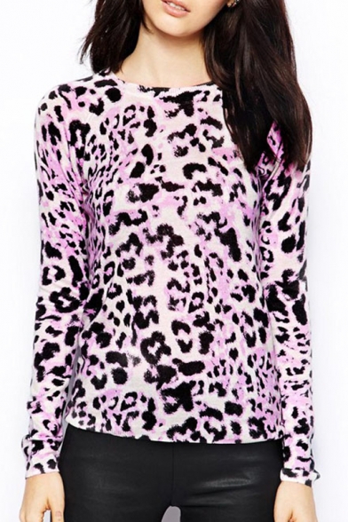 New Arrival Purple Leopard Pattern Long Sleeve Round Neck Sweater