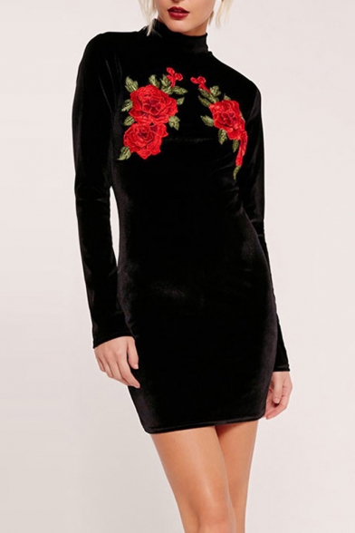 New Fashion High Neck Embroidery Floral Pattern Long Sleeve Mini Bodycon Dress
