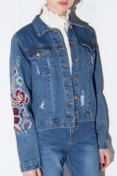Retro Style Embroidery Floral Single Breasted Lapel Ripped Denim Jacket with Two Pockets
