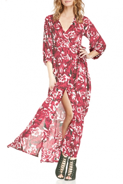 Sexy V-Neck Floral Printed Split Front Half Sleeve Tied Side Maxi Dress