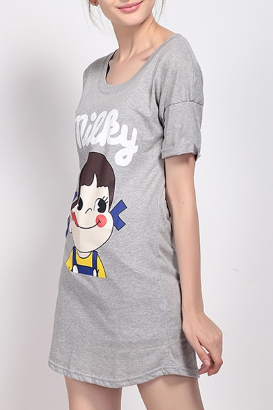 Women's Cute Cartoon Print Round Neck Short Sleeve Basic Mini T-Shirt Dress