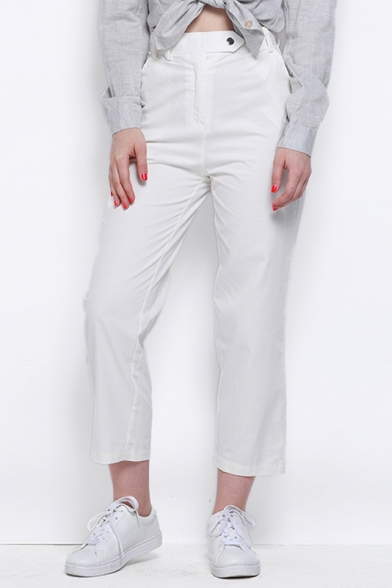 Casual High Waist Button Fly Plain Cropped Straight Pants ...