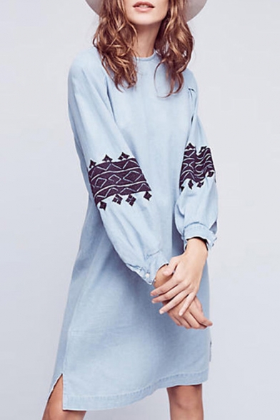 Casual Round Neck Embroidery Pattern Button Cuffs Long Sleeve Midi Dress