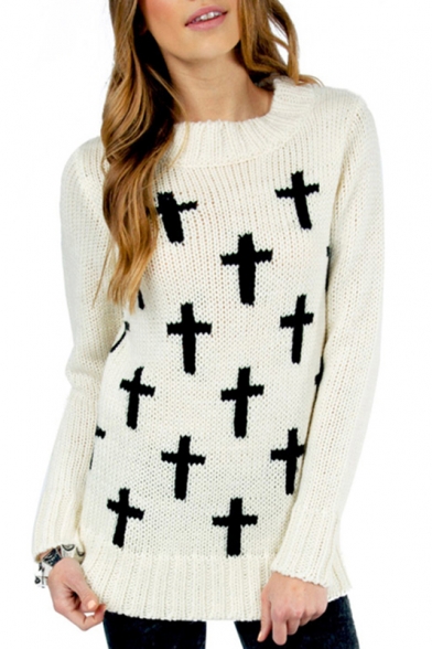 Fashion Contrast Crucifix Pattern Long Sleeve Round Neck Pullover Sweater
