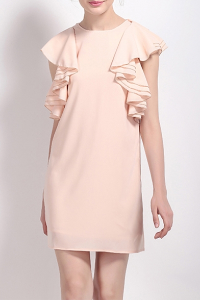 Lovely Layered Ruffle Short Sleeve Zip Back Plain Chiffon Mini Dress