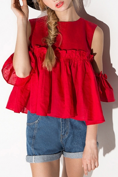 Sexy Lovely Cold Shoulder Round Neck Ruffle Front Plain Blouse Top