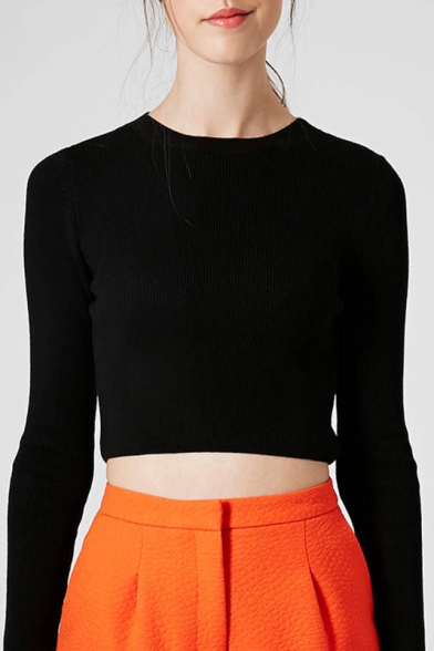 Sexy Round Neck Long Sleeve Plain Cropped Sweater