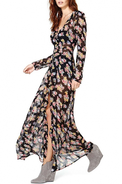 Women's V-Neck Long Sleeve Floral Print Single Breasted Slit Front Maxi Beach Dress