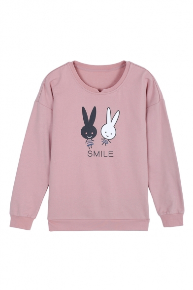 Girl's Round Neck Long Sleeve Lovely Rabbit Letter Print Casual Sweatshirt