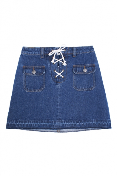 Drawstring Placket Mini A-Line Denim Skirt with Pockets