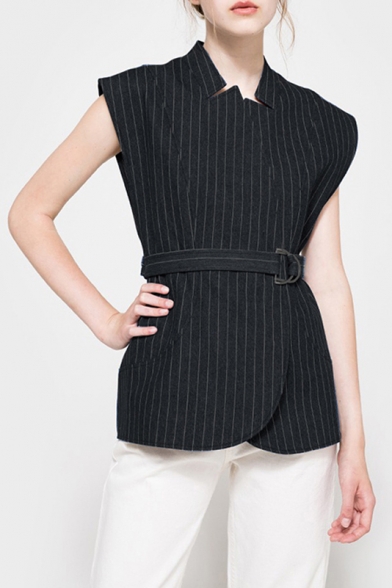 Office Lady Sleeveless Striped Print Vest Coat with Tie Waist