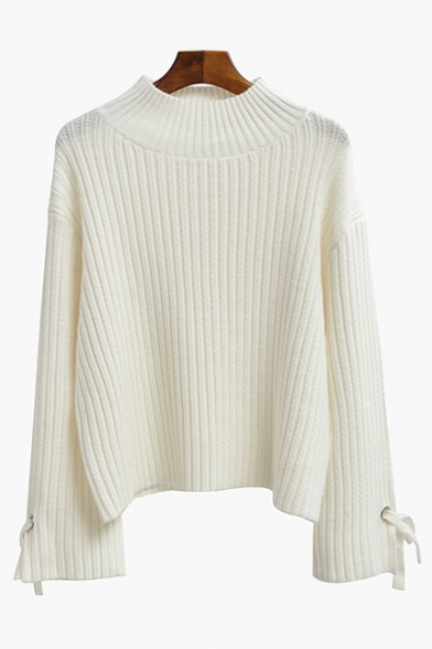Plain Half High Neck Bell Long Sleeve Vertical Striped Pullover Sweater