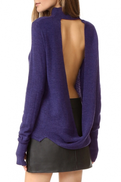 Sexy Open-Back Mock Neck Long Sleeve Plain Pullover Sweater