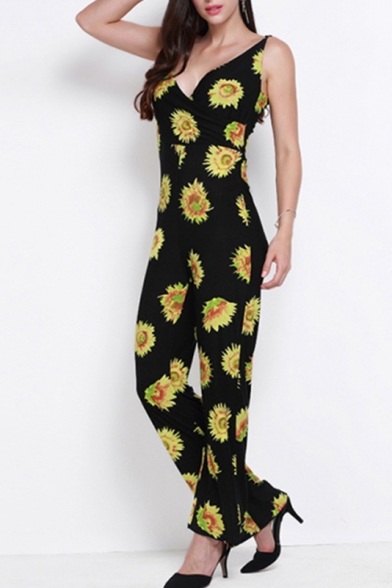 Sexy Plunge V-Neck Spaghetti Straps Floral Printed Sleeveless Jumpsuits
