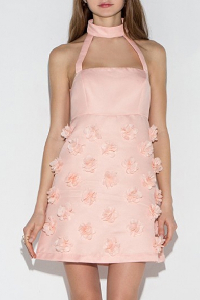 Sweaty Halter Open Zip Back Sleeveless with Floral Embellished Mini A-Line Dress