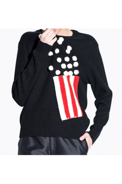 Women's Round Neck Long Sleeve Striped Pullover Sweater with Pom Pom