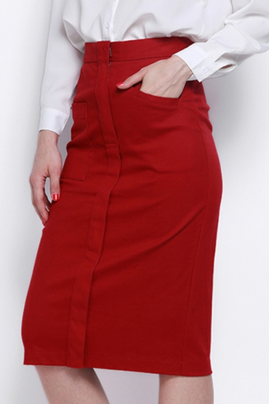 Chic OL Style Plain Midi Bodycon Skirt with Two Pockets