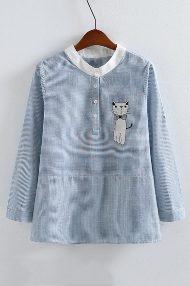 Contrast Stand-Up Collar Embroidery Cat Striped Blouse Top with Buttons